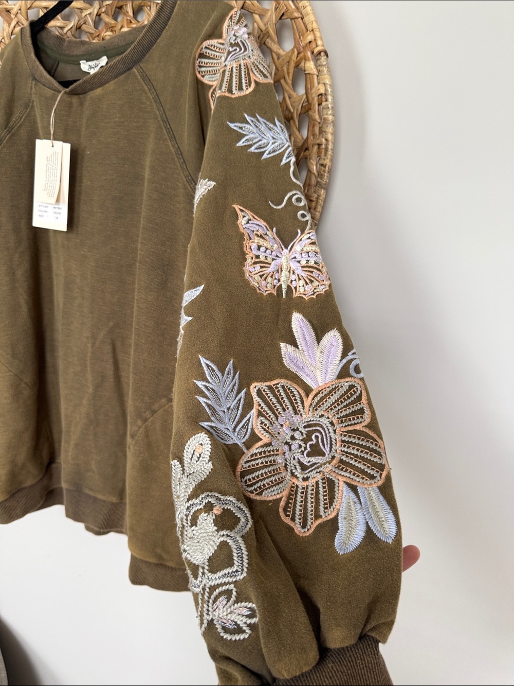 Blue Velvet Brand Mineral Washed Olive Embroidered Floral Sleeve Sweatshirt - Picture 6 of 15